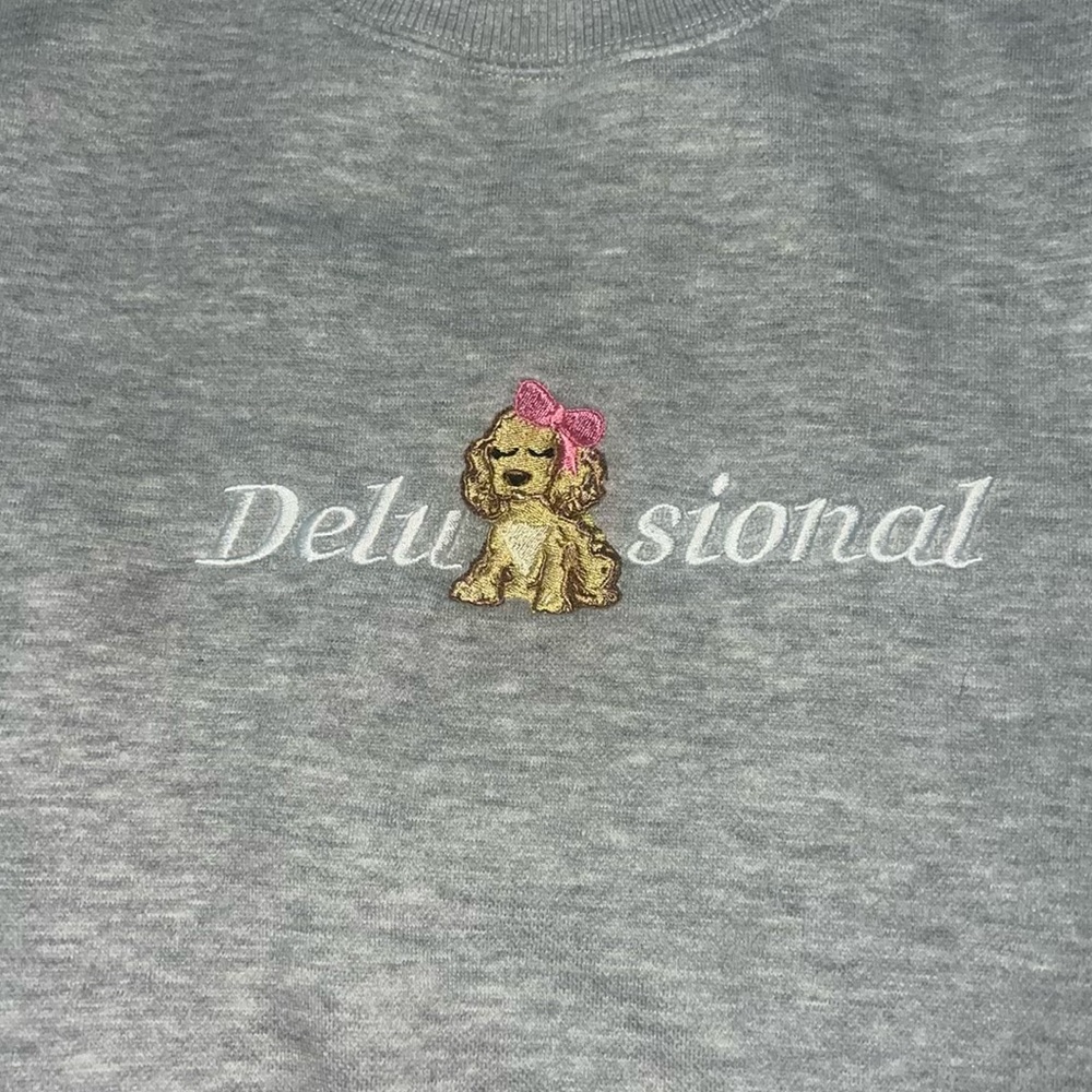Delusional, dog embroidered, gray crewneck long sleeve